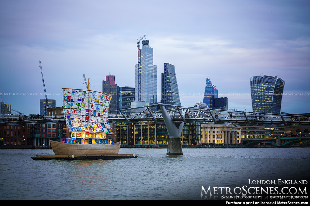City of London and Millennium Bridge with The Ship of Tolerance